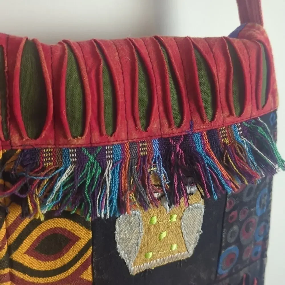 Boho Patchwork Owl Mixed Media Crossbody Bag Multicolored Made in Nepal